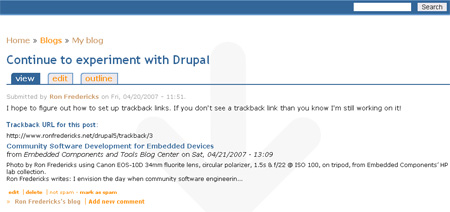 RonFredericks.net Drupal 5.1 with Trackback support and Spam filter added