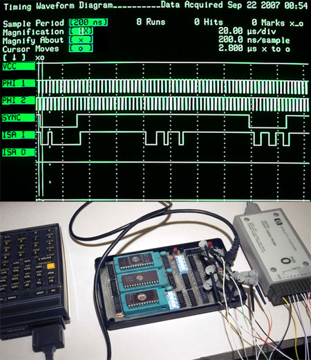 Timing Traces from HP 1631D Logic Analyzer (upper); along with test bench setup (lower)